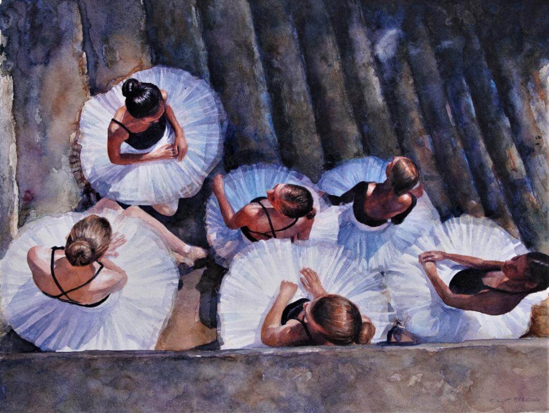 A watercolor painting that views six sitting ballerinas from above.