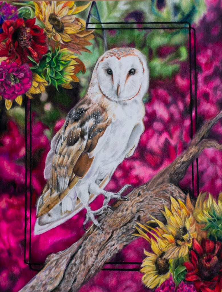 Barn Owl Among the Leaves & Flowers