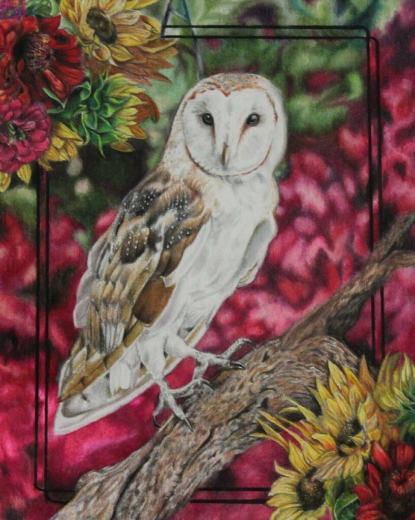 Barn Owl Among the Leaves & Flowers